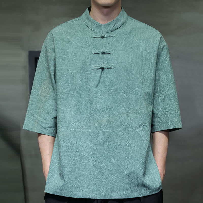 Buddha Stones Summer Tang Style Three Frog Buttons Solid Men's Short Sleeve Shirts - image 1