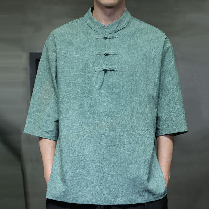 Buddha Stones Summer Tang Style Three Frog Buttons Solid Men's Short Sleeve Shirts - image 1