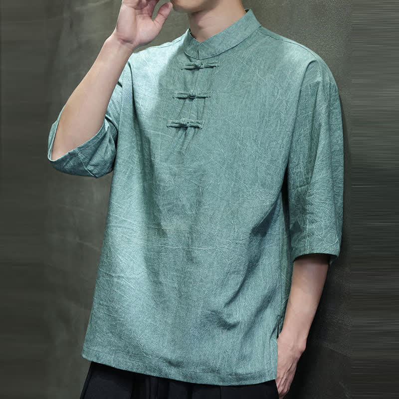 Buddha Stones Summer Tang Style Three Frog Buttons Solid Men's Short Sleeve Shirts - image 8