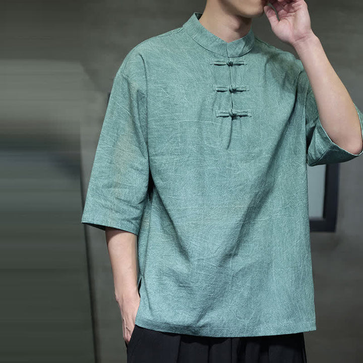Buddha Stones Summer Tang Style Three Frog Buttons Solid Men's Short Sleeve Shirts - image 7