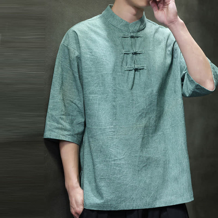 Buddha Stones Summer Tang Style Three Frog Buttons Solid Men's Short Sleeve Shirts - image 4