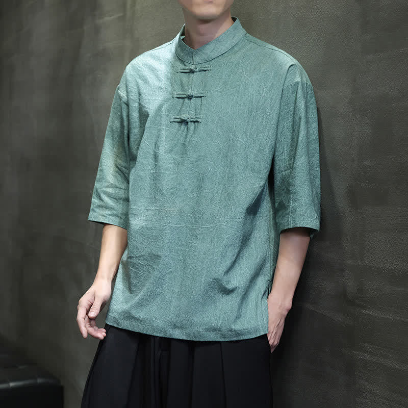 Buddha Stones Summer Tang Style Three Frog Buttons Solid Men's Short Sleeve Shirts - image 6