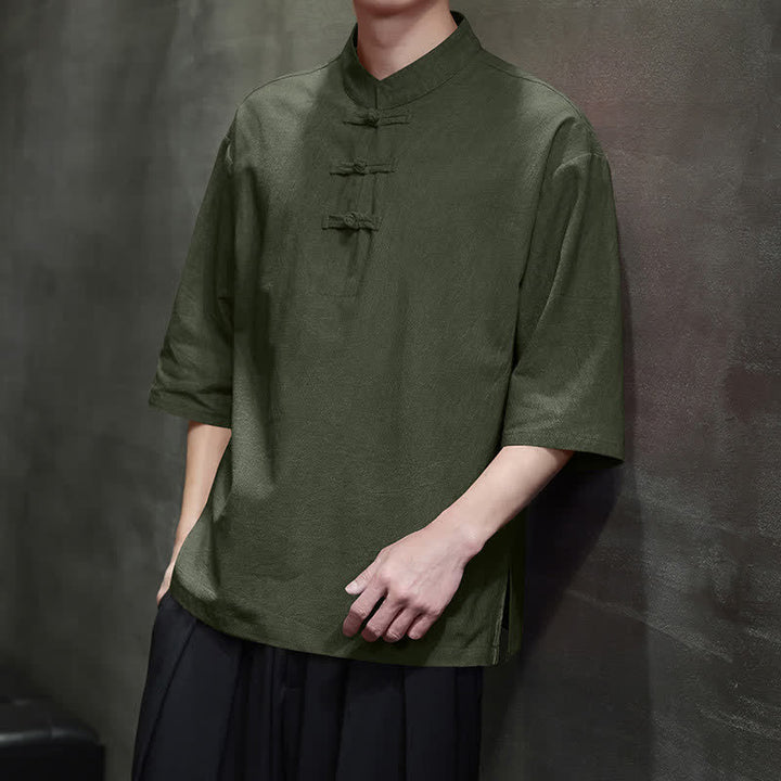 Buddha Stones Summer Tang Style Three Frog Buttons Solid Men's Short Sleeve Shirts - image 15
