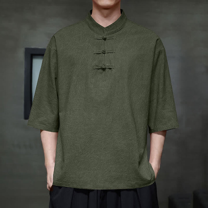Buddha Stones Summer Tang Style Three Frog Buttons Solid Men's Short Sleeve Shirts - SeaGreen - US/UK/AU46，EU56 (5XL) - image 13
