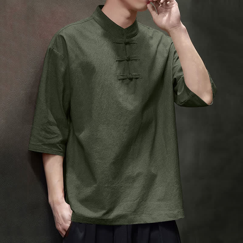Buddha Stones Summer Tang Style Three Frog Buttons Solid Men's Short Sleeve Shirts - image 14