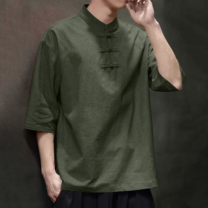 Buddha Stones Summer Tang Style Three Frog Buttons Solid Men's Short Sleeve Shirts - image 14