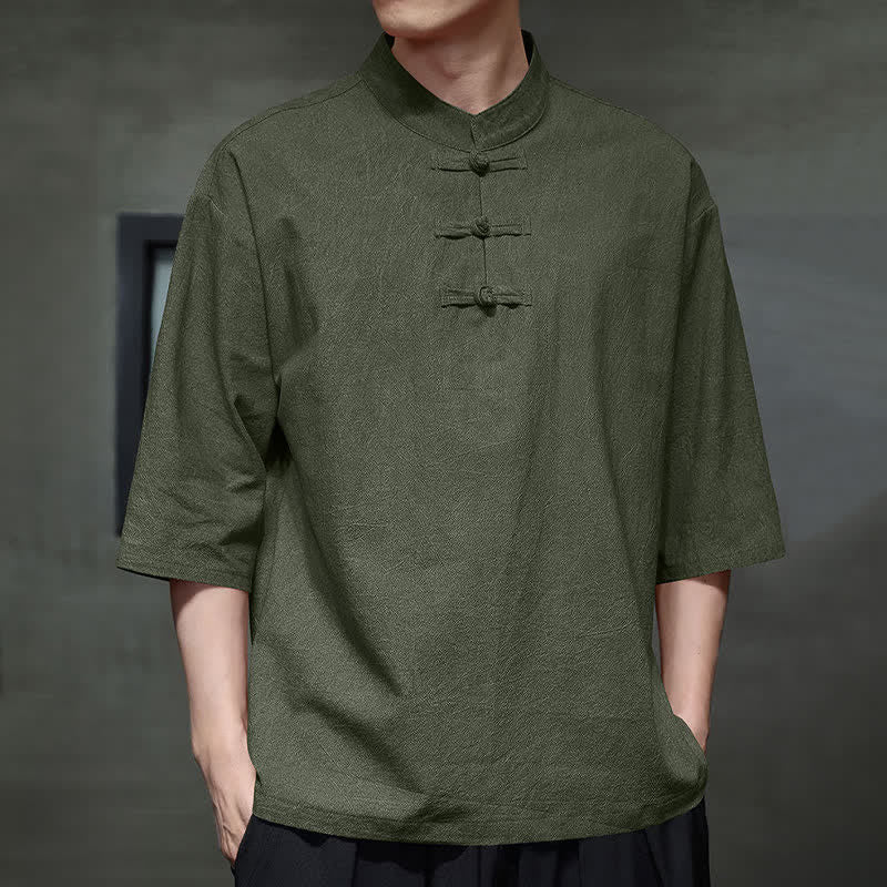 Buddha Stones Summer Tang Style Three Frog Buttons Solid Men's Short Sleeve Shirts - image 18