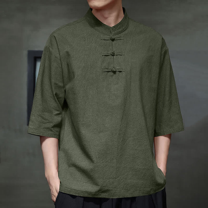 Buddha Stones Summer Tang Style Three Frog Buttons Solid Men's Short Sleeve Shirts - image 18