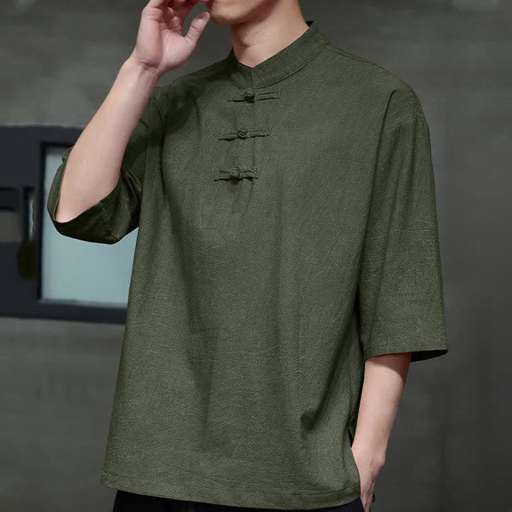 Buddha Stones Summer Tang Style Three Frog Buttons Solid Men's Short Sleeve Shirts - image 17