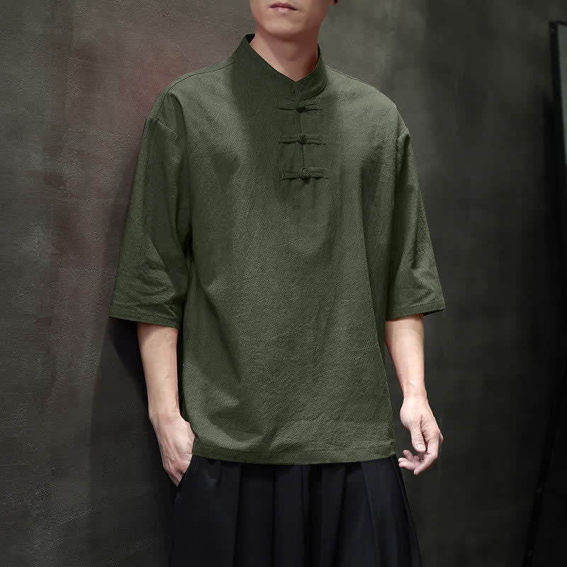 Buddha Stones Summer Tang Style Three Frog Buttons Solid Men's Short Sleeve Shirts - image 16