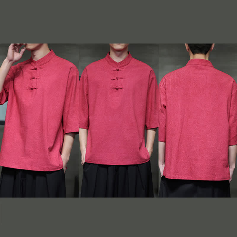 Buddha Stones Summer Tang Style Three Frog Buttons Solid Men's Short Sleeve Shirts - image 28