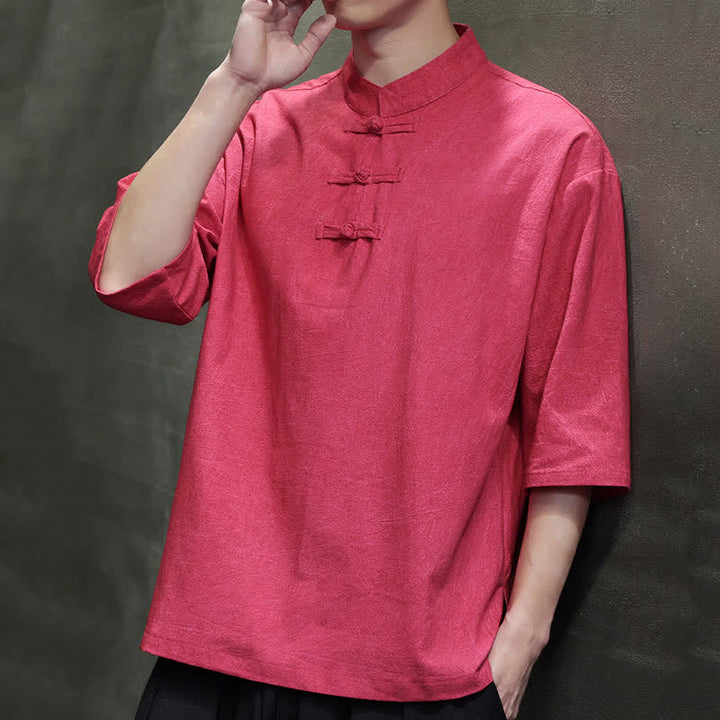 Buddha Stones Summer Tang Style Three Frog Buttons Solid Men's Short Sleeve Shirts - image 20