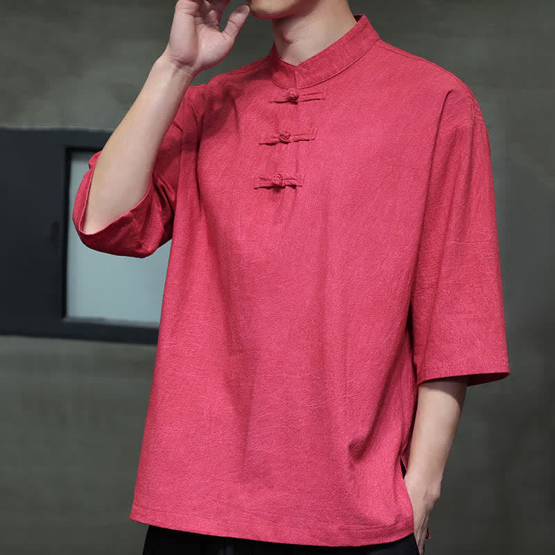Buddha Stones Summer Tang Style Three Frog Buttons Solid Men's Short Sleeve Shirts - image 25