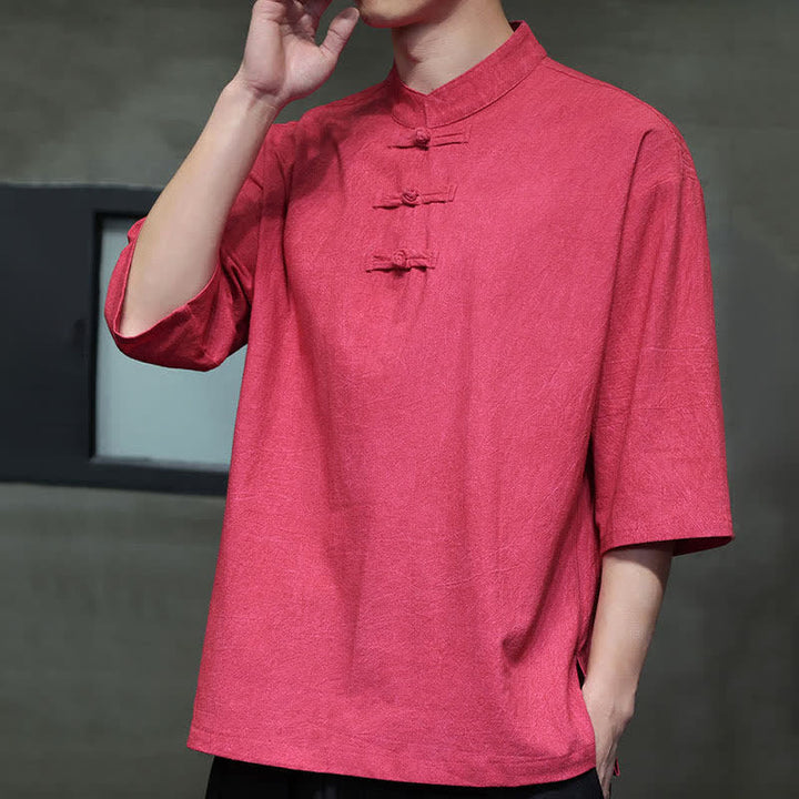 Buddha Stones Summer Tang Style Three Frog Buttons Solid Men's Short Sleeve Shirts - image 25