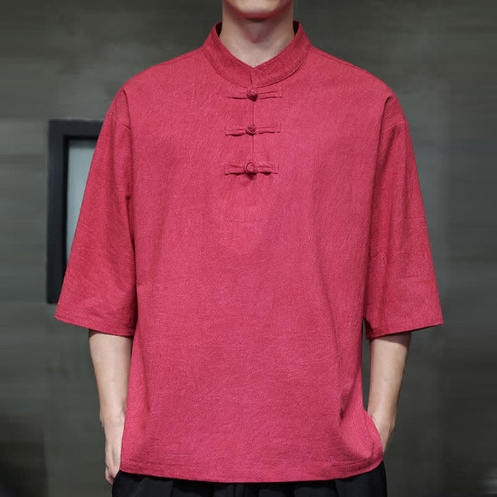 Buddha Stones Summer Tang Style Three Frog Buttons Solid Men's Short Sleeve Shirts - Crimson - US/UK/AU46，EU56 (5XL) - image 19