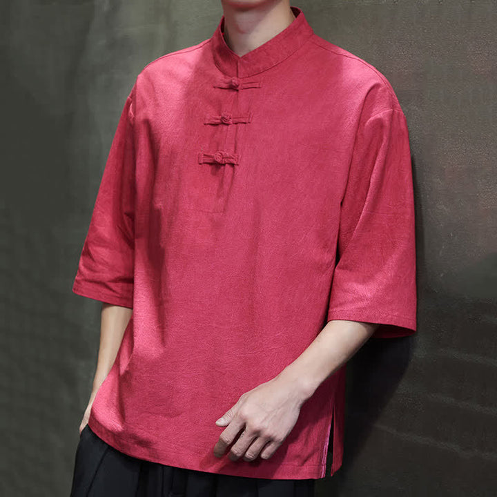 Buddha Stones Summer Tang Style Three Frog Buttons Solid Men's Short Sleeve Shirts - image 24