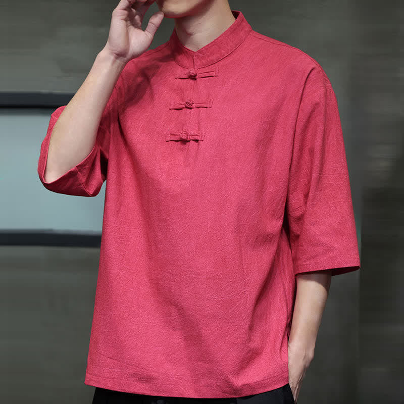 Buddha Stones Summer Tang Style Three Frog Buttons Solid Men's Short Sleeve Shirts - image 27