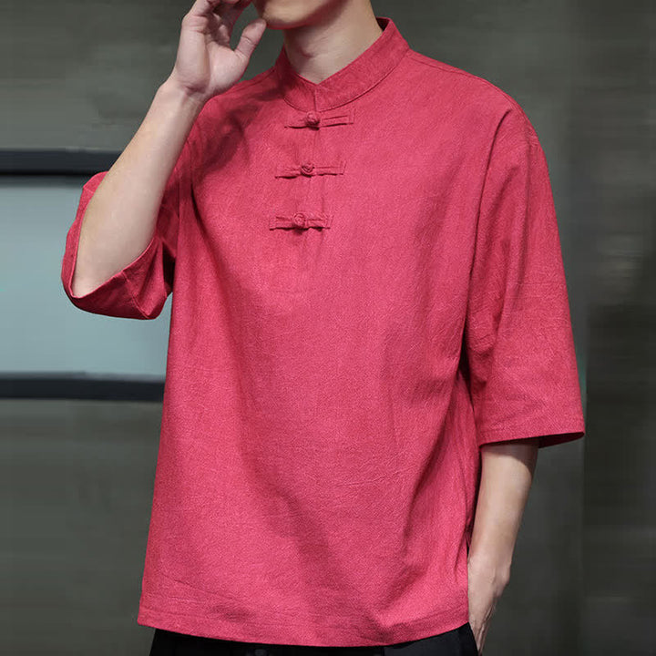 Buddha Stones Summer Tang Style Three Frog Buttons Solid Men's Short Sleeve Shirts - image 27