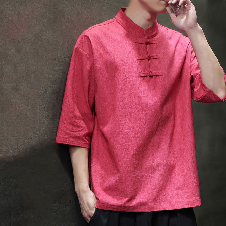Buddha Stones Summer Tang Style Three Frog Buttons Solid Men's Short Sleeve Shirts - image 23
