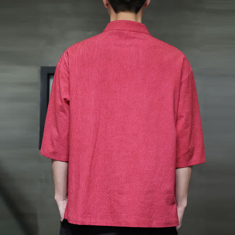 Buddha Stones Summer Tang Style Three Frog Buttons Solid Men's Short Sleeve Shirts - image 21