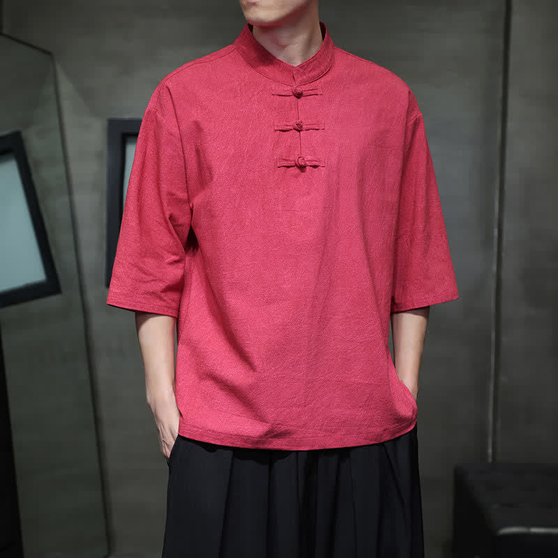 Buddha Stones Summer Tang Style Three Frog Buttons Solid Men's Short Sleeve Shirts - image 26