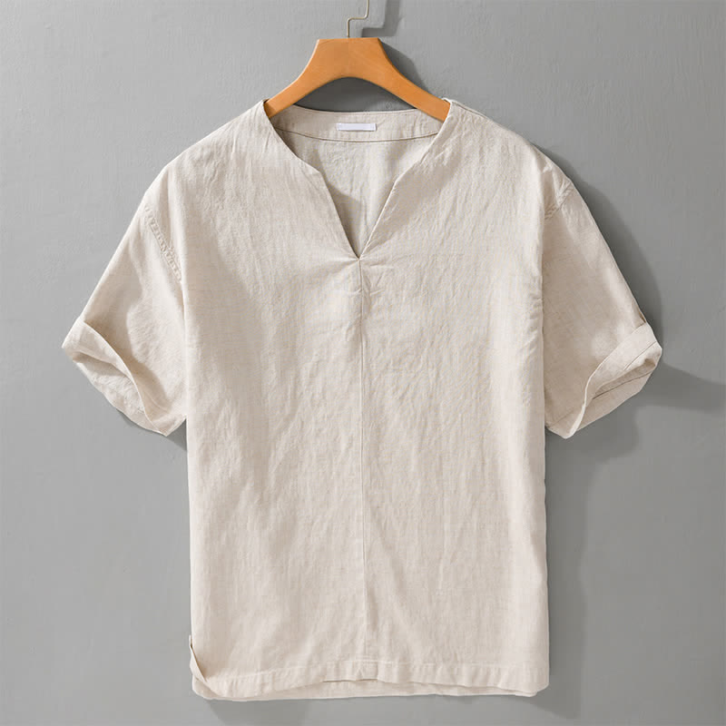 Buddha Stones Summer Minimalist Solid V-Neck Men's Short Sleeve T-Shirts - Linen - US/UK/AU42，EU52 (3XL) - image 0