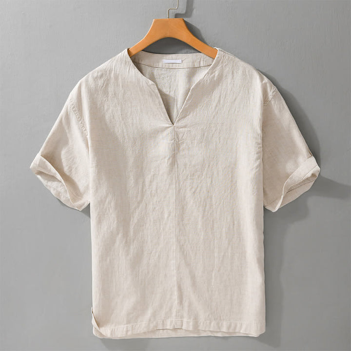 Buddha Stones Summer Minimalist Solid V-Neck Men's Short Sleeve T-Shirts - Linen - US/UK/AU42，EU52 (3XL) - image 0