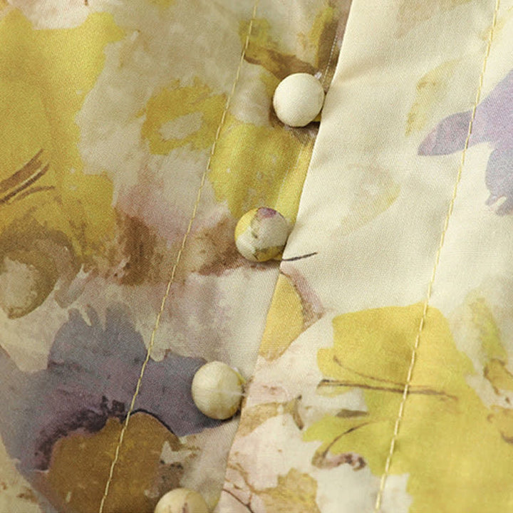 Buddha Stones Spring Summer Vintage Drawstring Yellow Floral Women's Short Sleeve Midi Dress - image 4