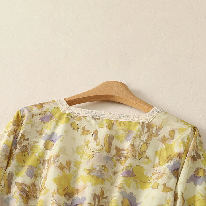Buddha Stones Spring Summer Vintage Drawstring Yellow Floral Women's Short Sleeve Midi Dress - image 3