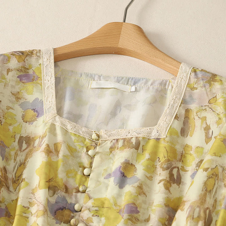 Buddha Stones Spring Summer Vintage Drawstring Yellow Floral Women's Short Sleeve Midi Dress - image 2
