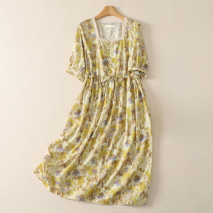 Buddha Stones Spring Summer Vintage Drawstring Yellow Floral Women's Short Sleeve Midi Dress - PaleGoldenrod - US14，UK/AU18，EU46 (2XL) - image 0