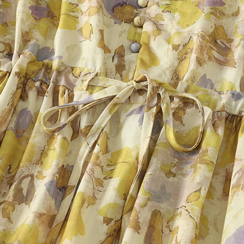 Buddha Stones Spring Summer Vintage Drawstring Yellow Floral Women's Short Sleeve Midi Dress - image 6