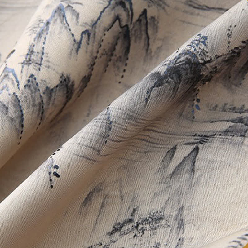 Buddha Stones 2Pcs Summer Tang Style Casual Ink Painting Mountains Landscape Short Sleeve Shirt Straight Leg Pants Men's Meditation Cloth With Pockets - image 8
