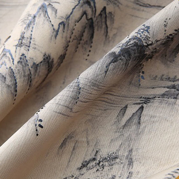 Buddha Stones 2Pcs Summer Tang Style Casual Ink Painting Mountains Landscape Short Sleeve Shirt Straight Leg Pants Men's Meditation Cloth With Pockets - image 8