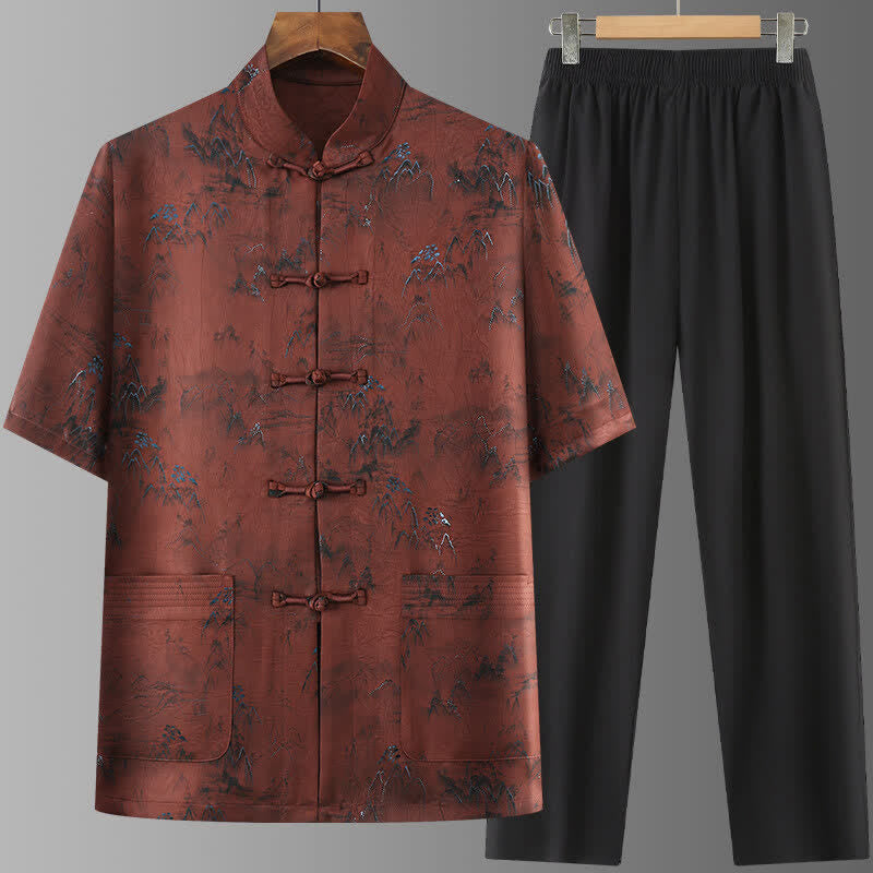 Buddha Stones 2Pcs Summer Tang Style Casual Ink Painting Mountains Landscape Short Sleeve Shirt Straight Leg Pants Men's Meditation Cloth With Pockets - Sienna - US/UK/AU42，EU52 (3XL) - image 13