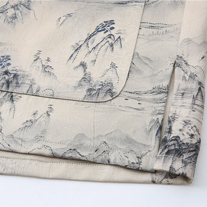 Buddha Stones 2Pcs Summer Tang Style Casual Ink Painting Mountains Landscape Short Sleeve Shirt Straight Leg Pants Men's Meditation Cloth With Pockets - image 5