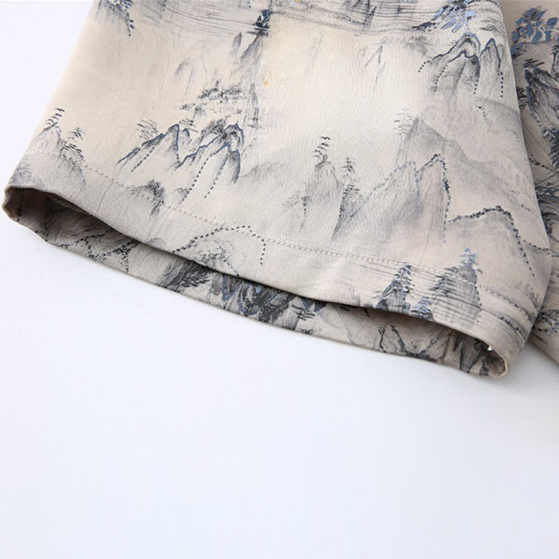 Buddha Stones 2Pcs Summer Tang Style Casual Ink Painting Mountains Landscape Short Sleeve Shirt Straight Leg Pants Men's Meditation Cloth With Pockets - image 6
