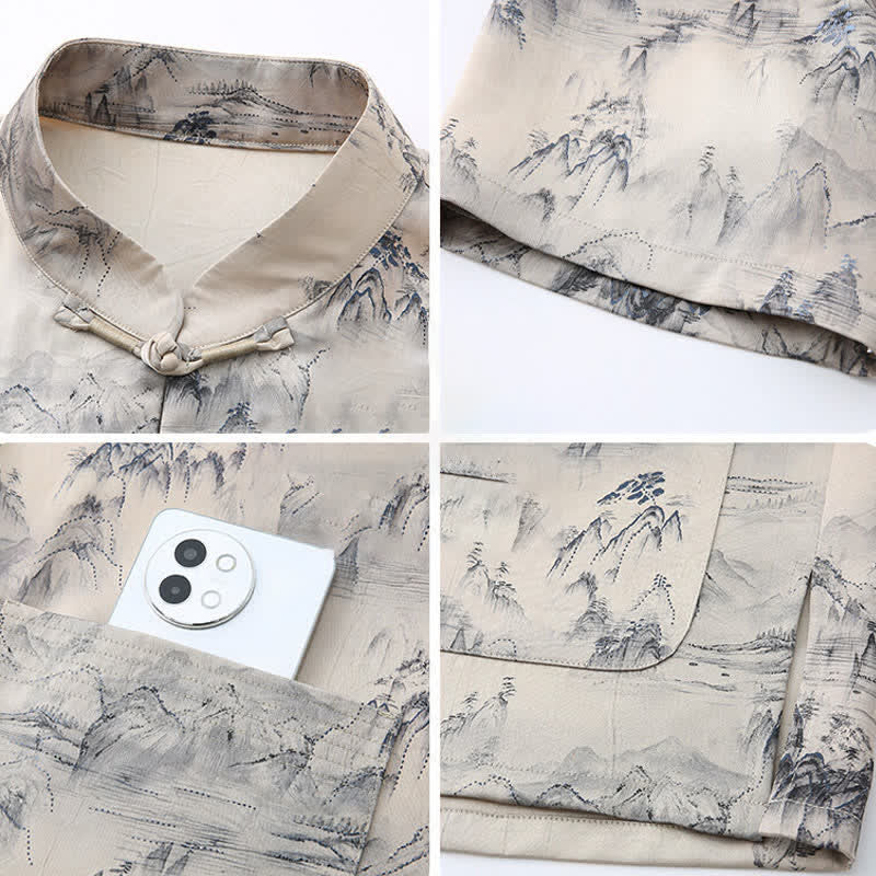 Buddha Stones 2Pcs Summer Tang Style Casual Ink Painting Mountains Landscape Short Sleeve Shirt Straight Leg Pants Men's Meditation Cloth With Pockets - image 2