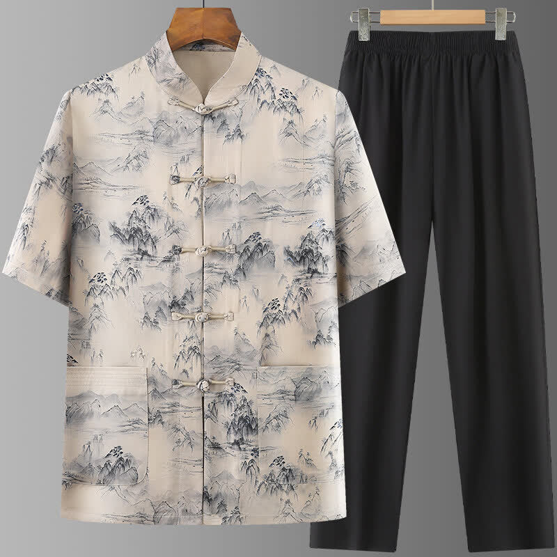 Buddha Stones 2Pcs Summer Tang Style Casual Ink Painting Mountains Landscape Short Sleeve Shirt Straight Leg Pants Men's Meditation Cloth With Pockets - Beige - US/UK/AU42，EU52 (3XL) - image 0