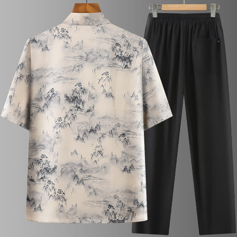 Buddha Stones 2Pcs Summer Tang Style Casual Ink Painting Mountains Landscape Short Sleeve Shirt Straight Leg Pants Men's Meditation Cloth With Pockets - image 1