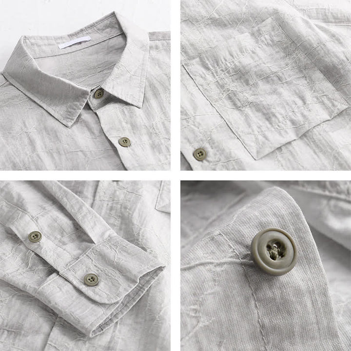 Buddha Stones Spring Summer Casual Minimalist Button-Up Solid Grey Ink Wash Men's Shirts With Patch Pocket - image 4