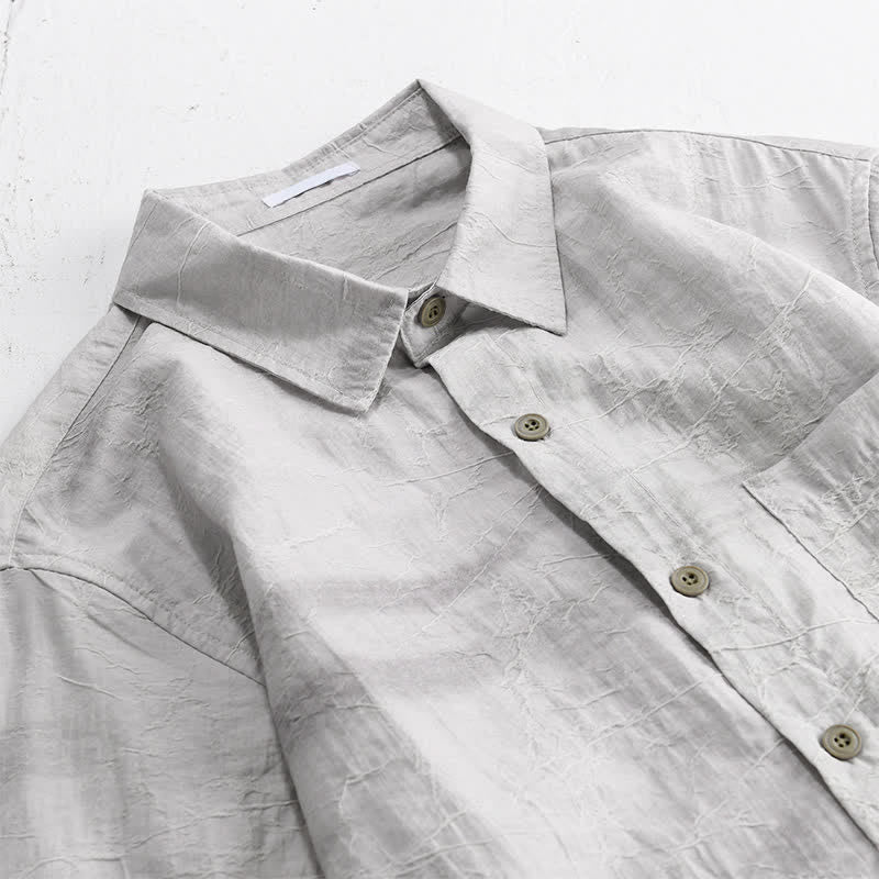Buddha Stones Spring Summer Casual Minimalist Button-Up Solid Grey Ink Wash Men's Shirts With Patch Pocket - image 5