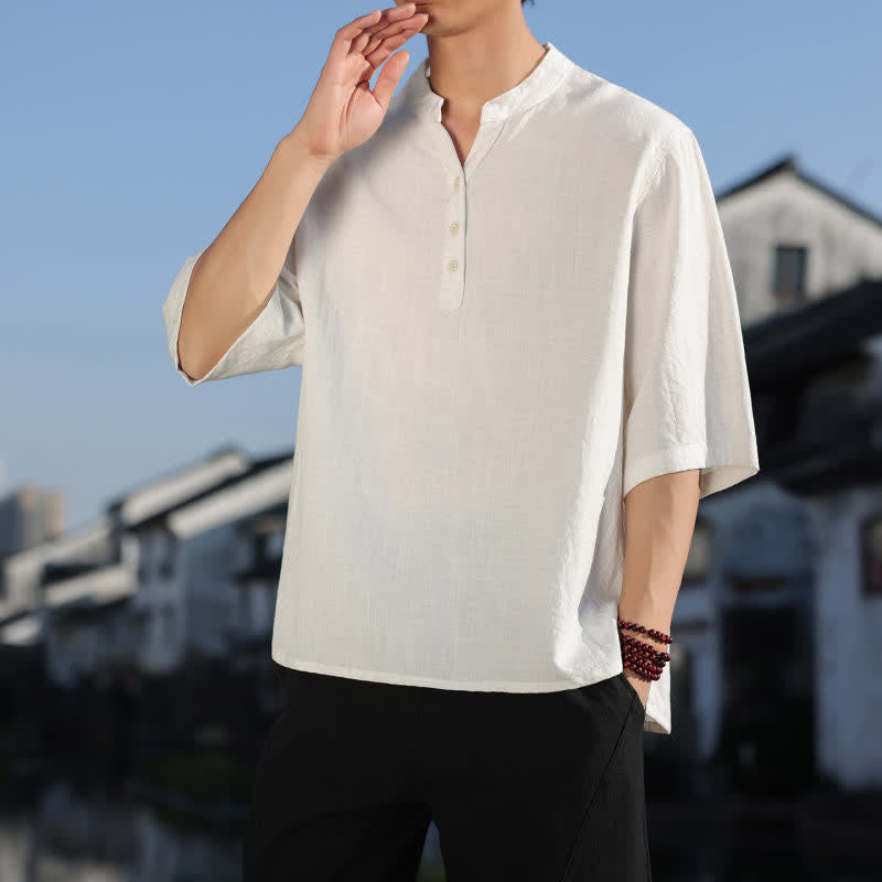 Buddha Stones Summer Mandarin Collar Three Buttons Men's Elbow-Length Sleeve Shirts - image 2