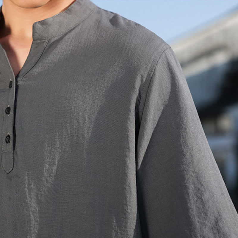 Buddha Stones Summer Mandarin Collar Three Buttons Men's Elbow-Length Sleeve Shirts - image 25