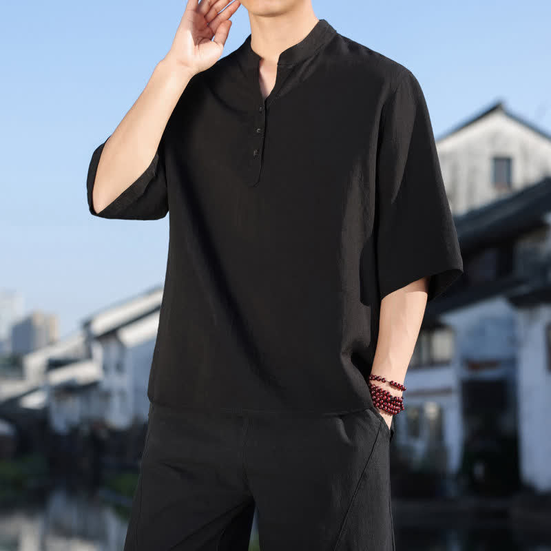 Buddha Stones Summer Mandarin Collar Three Buttons Men's Elbow-Length Sleeve Shirts - image 11
