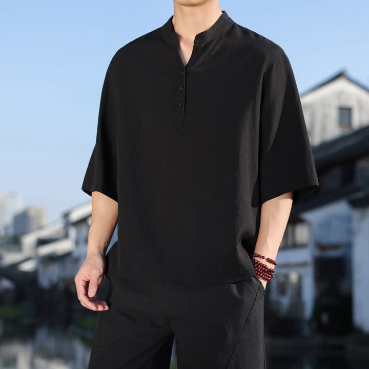 Buddha Stones Summer Mandarin Collar Three Buttons Men's Elbow-Length Sleeve Shirts - image 13