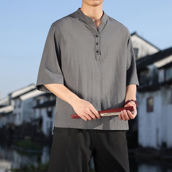 Buddha Stones Summer Mandarin Collar Three Buttons Men's Elbow-Length Sleeve Shirts - image 18