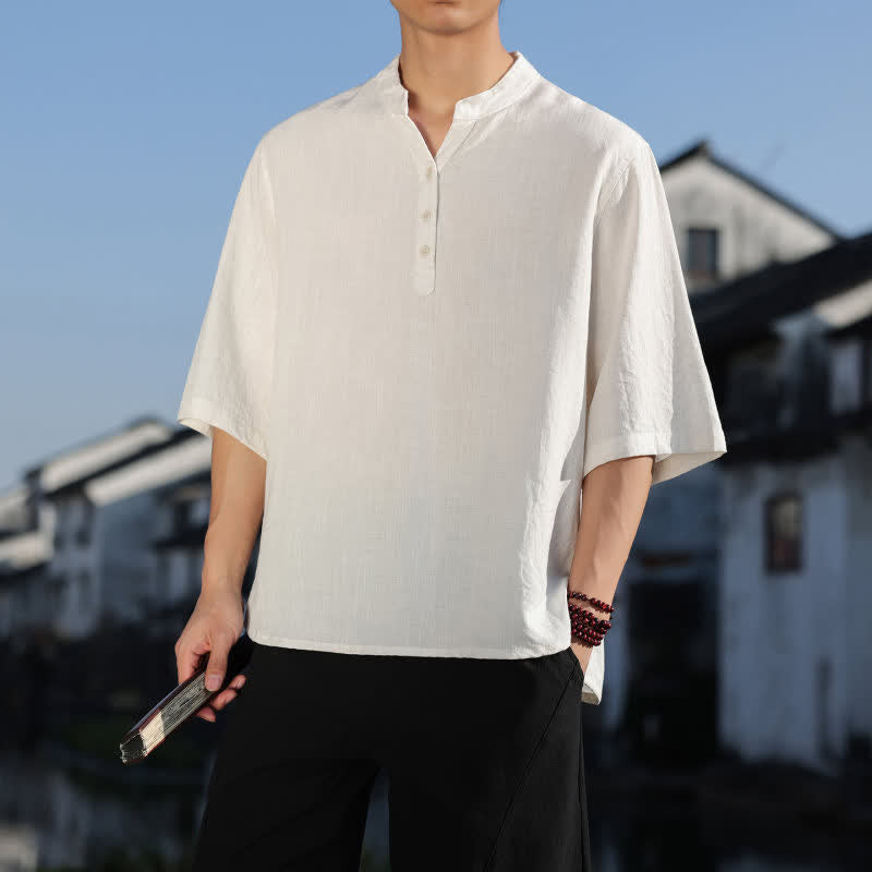 Buddha Stones Summer Mandarin Collar Three Buttons Men's Elbow-Length Sleeve Shirts - image 6