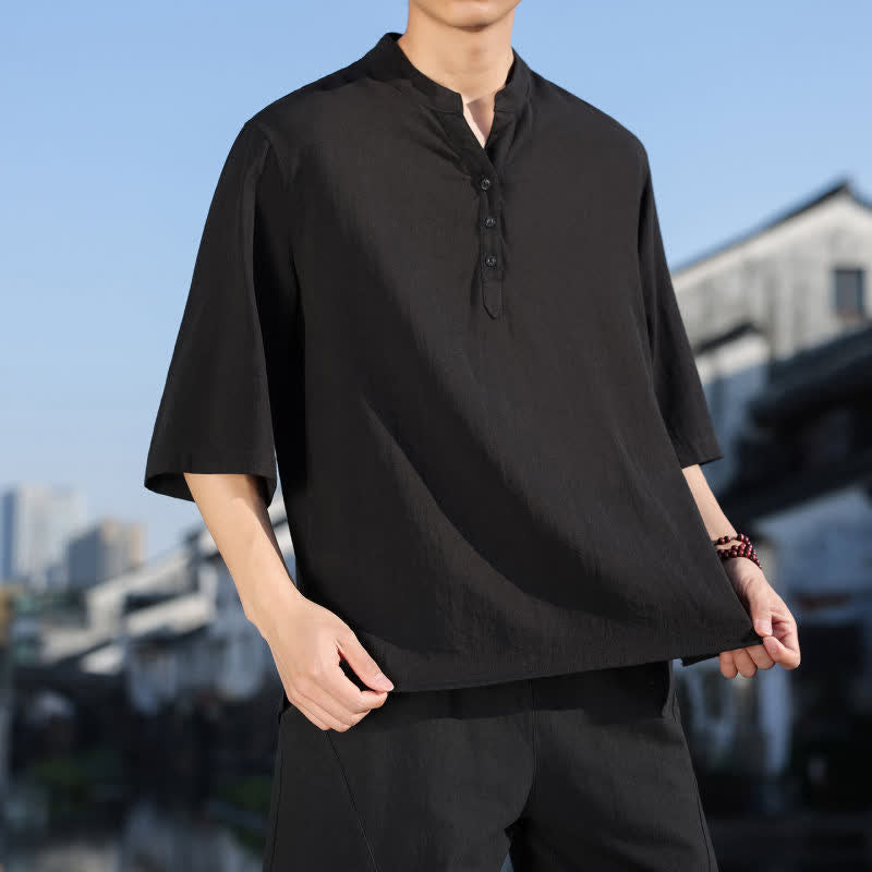 Buddha Stones Summer Mandarin Collar Three Buttons Men's Elbow-Length Sleeve Shirts - image 14