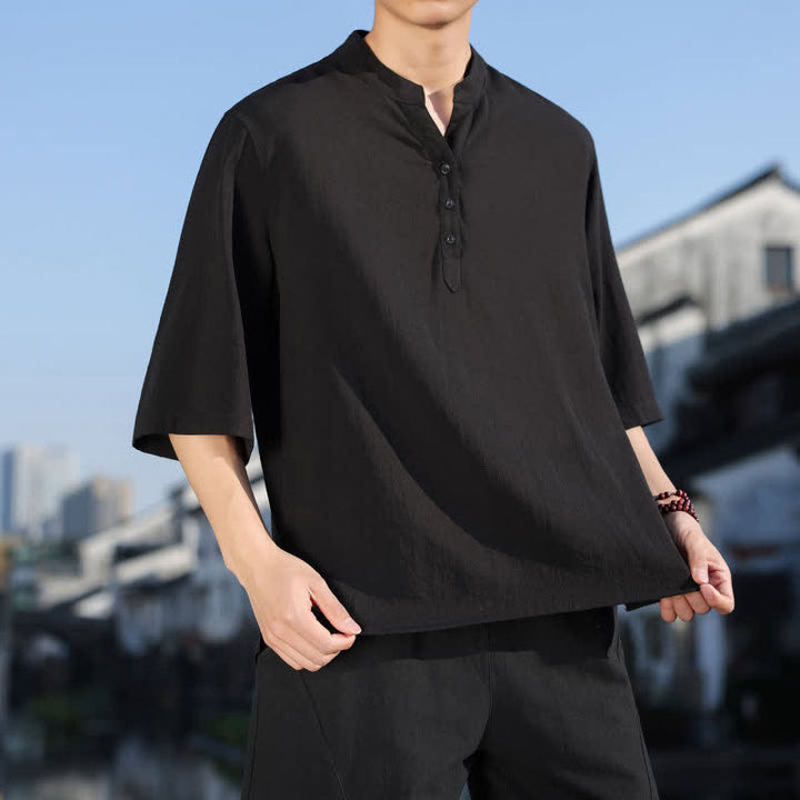 Buddha Stones Summer Mandarin Collar Three Buttons Men's Elbow-Length Sleeve Shirts - image 14